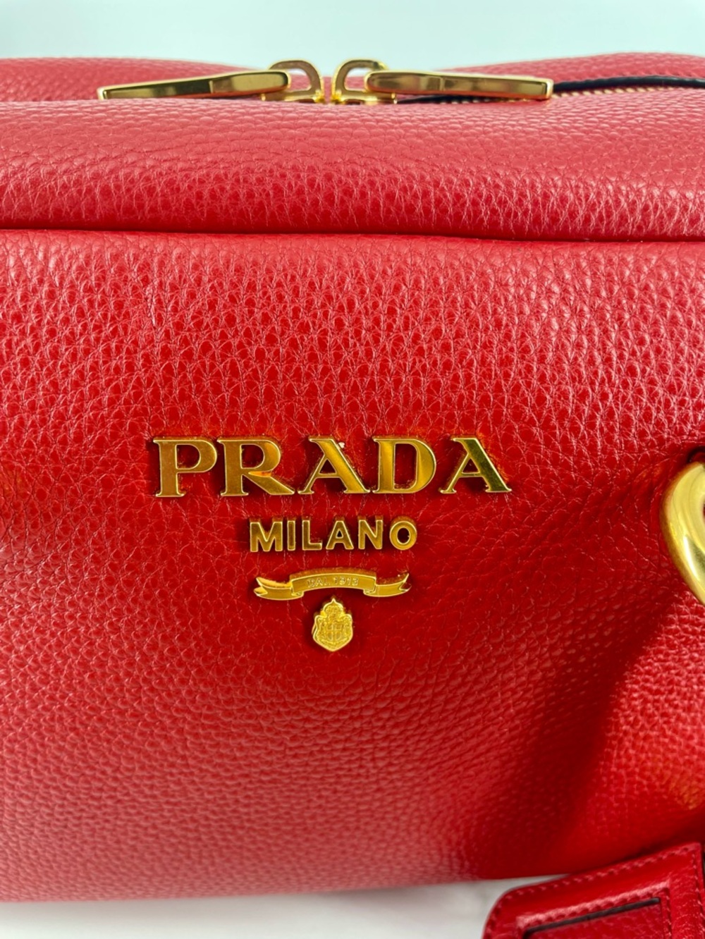 Prada Vitello Phenix Rosso Red Pebbled Leather Satchel with Guitar Striped Strap - Picture 4 of 11